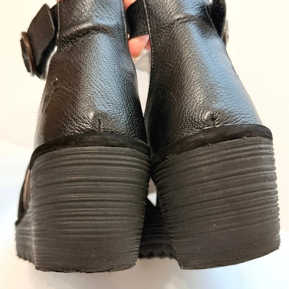 Fly London Yala Black Leather Suede Perforated Wedge Sandals Size 41 US 10-10.5